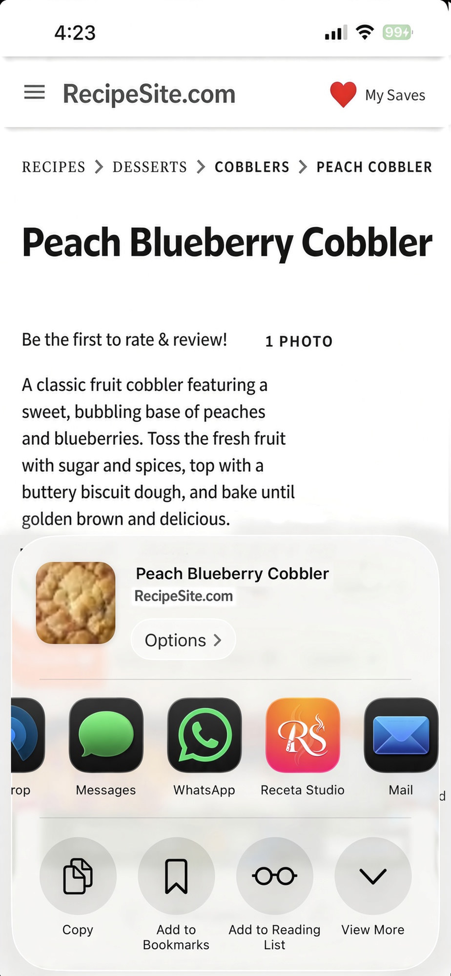 Share to Receta Studio from a recipe site on iPhone and Android.